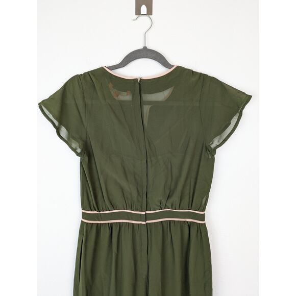 Modcloth Jumpsuit Intrigue Mastery Chiffon Wide Leg Olive Green Boho Size S - Picture 8 of 13